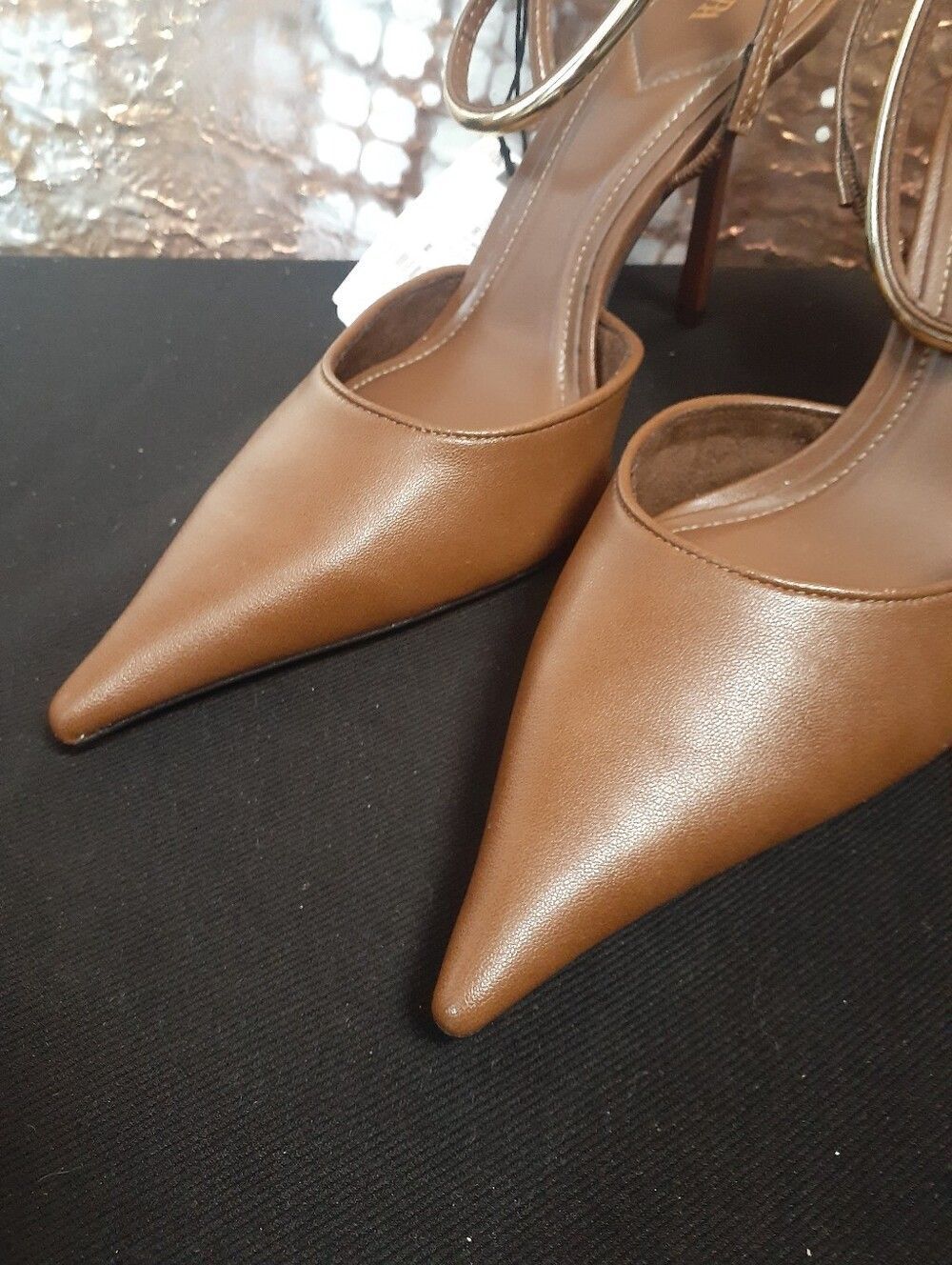 Zara Nwt Latte Brown Pointed-Toe Stiletto Slingback Heels In Faux Leather - Picture 9 of 16